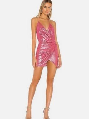 REVOLVE Metallic Pink Wrap Halter Mini Dress